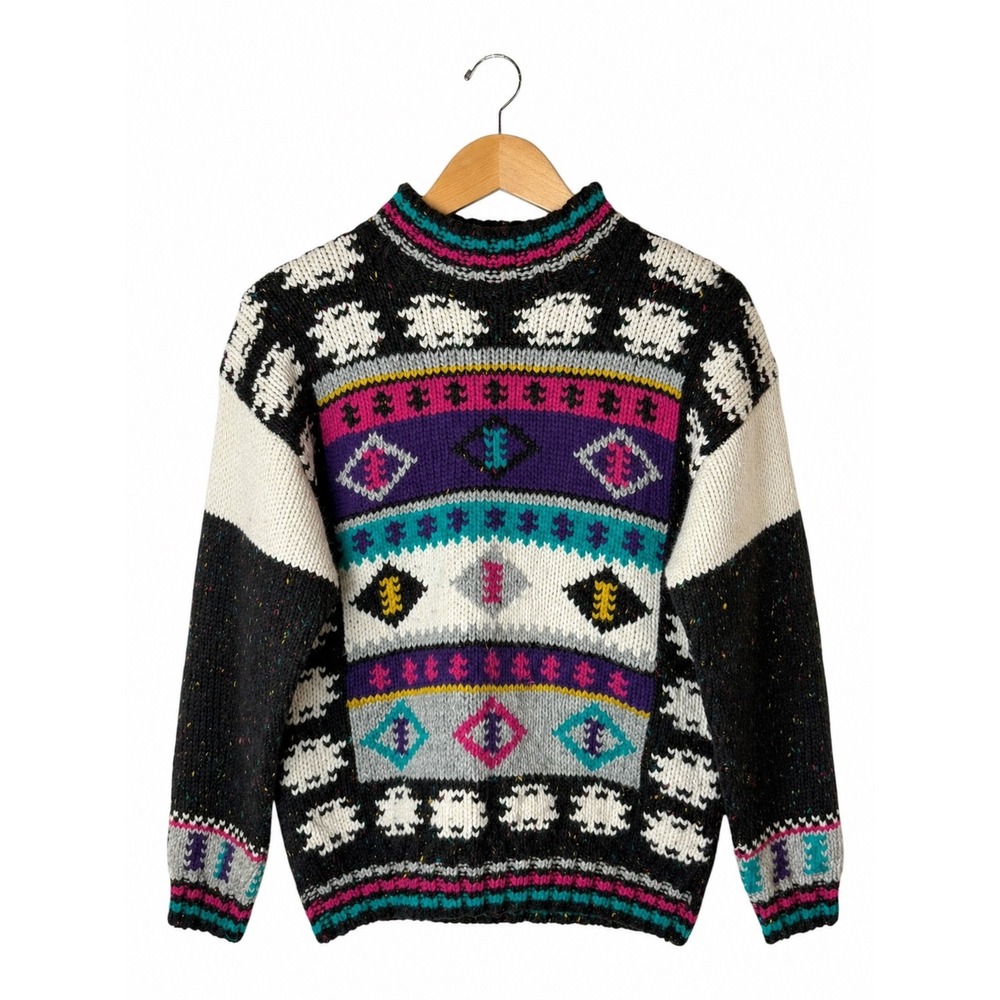 IVY Vintage Sweater Women Small Black Geo Wool Blend Knit Ski Nordic Retron 80s